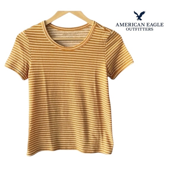 American Eagle Striped Crewneck T-Shirt. Dark Yellow/Gold, White. Size XS​​​ - Picture 2 of 7